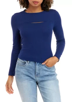 Best Pirce 🎉 Cabana by Crown & Ivy™ Juniors' Long Sleeve Rib Knit Top with Cut Out 😀 -Champion® Sales Store Belk 1355