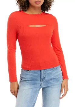 Best Pirce 🎉 Cabana by Crown & Ivy™ Juniors' Long Sleeve Rib Knit Top with Cut Out 😀 -Champion® Sales Store Belk 1357