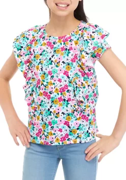 Coupon 🎉 Cabana by Crown & Ivy™ 👧 Girls 7-16 Ruffle Sleeve Printed Top 🤩